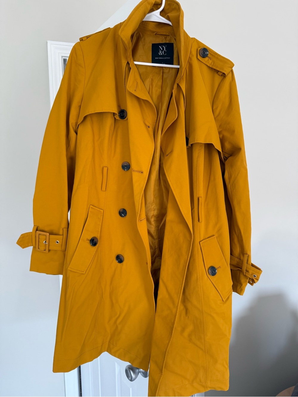 New York & Company Mustard Double-Breasted Trench Coat